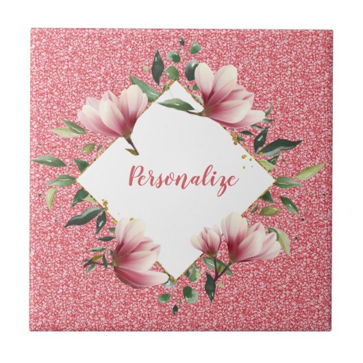 Glam Pink Glitter Flower Lijst Sparkle Personalise Tegeltje (Voorkant)