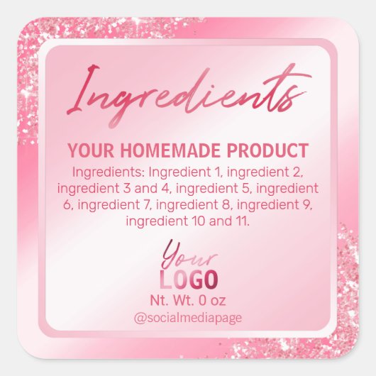 Glam Pink Glitter Folie Ingrediëntenlabels Vierkante Sticker (Voorkant)