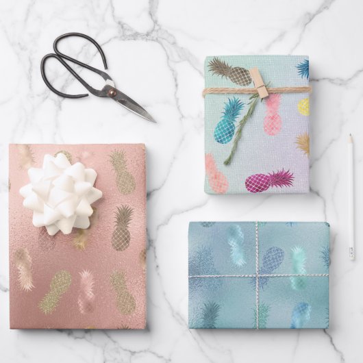 Glam Pink Glitter Gold Pineappels Inpakpapier Vel (Voorkant)