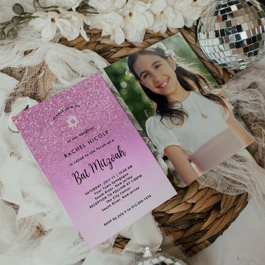 Glam Pink Glitter Look Bat Mitzvah | Foto Terug Kaart