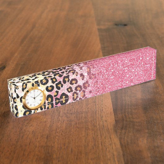 Glam Pink Glitter Luipaard Patroon Naambordje (Zijkant)