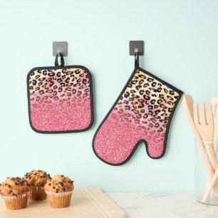 Glam Pink Glitter Luipaard Patroon Ovenwant & Pannenlap Set