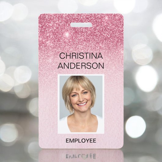 Glam Pink Glitter Medewerker - Naam Foto Bedrijf Badge