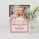 Glam Pink Gold Confetti Border Foto Sweet 16 Kaart (Staand voorkant)