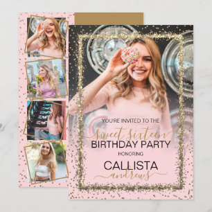 Glam Pink Gold Confetti Border Foto Sweet 16 Kaart