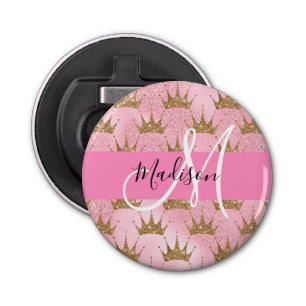 Glam Pink & Gold Glitter Sparkles Crowns Monogram Button Flesopener