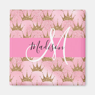 Glam Pink & Gold Glitter Sparkles Crowns Monogram Magneet