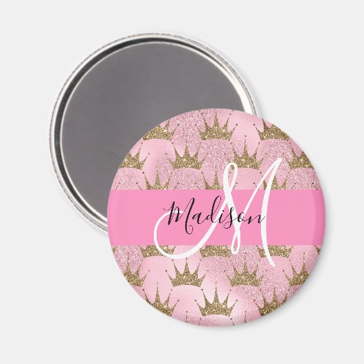 Glam Pink & Gold Glitter Sparkles Crowns Monogram Magneet (Voorkant / Achterkant)