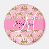 Glam Pink & Gold Glitter Sparkles Crowns Monogram Magneet (Voorkant)