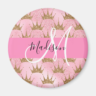 Glam Pink & Gold Glitter Sparkles Crowns Monogram Magneet