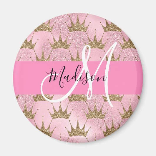 Glam Pink & Gold Glitter Sparkles Crowns Monogram Magneet (Voorkant)