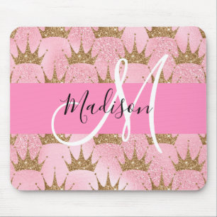 Glam Pink & Gold Glitter Sparkles Crowns Monogram Muismat