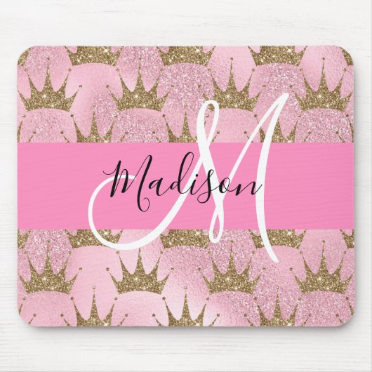 Glam Pink & Gold Glitter Sparkles Crowns Monogram Muismat (Voorkant)
