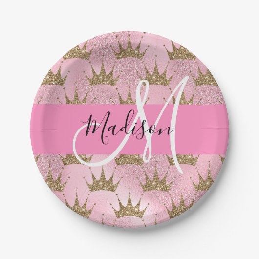 Glam Pink & Gold Glitter Sparkles Crowns Monogram Papieren Bordje (Voorkant)