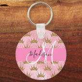 Glam Pink & Gold Glitter Sparkles Crowns Monogram Sleutelhanger (Voorkant)