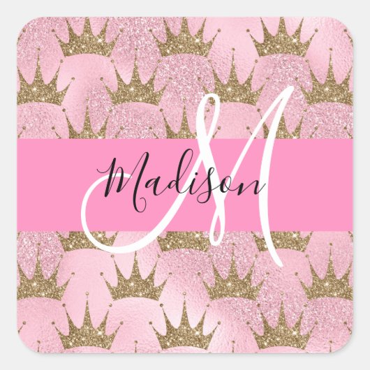 Glam Pink & Gold Glitter Sparkles Crowns Monogram Vierkante Sticker (Voorkant)