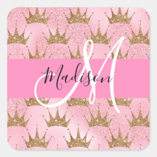 Glam Pink & Gold Glitter Sparkles Crowns Monogram Vierkante Sticker