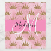 Glam Pink & Gold Glitter Sparkles Crowns Monogram Wijn Etiket (Enkel label)