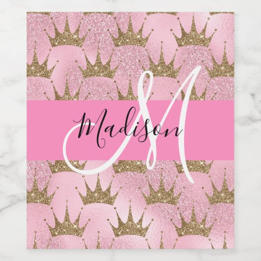 Glam Pink & Gold Glitter Sparkles Crowns Monogram Wijn Etiket (Enkel label)