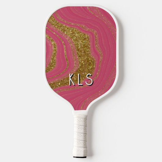 Glam Pink Gold Glitter Swirl Monogram Pickleball Paddle (Achterkant)