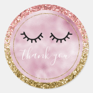 Glam Pink Gold Glitter Zwart Wimpers Bedankt Ronde Sticker