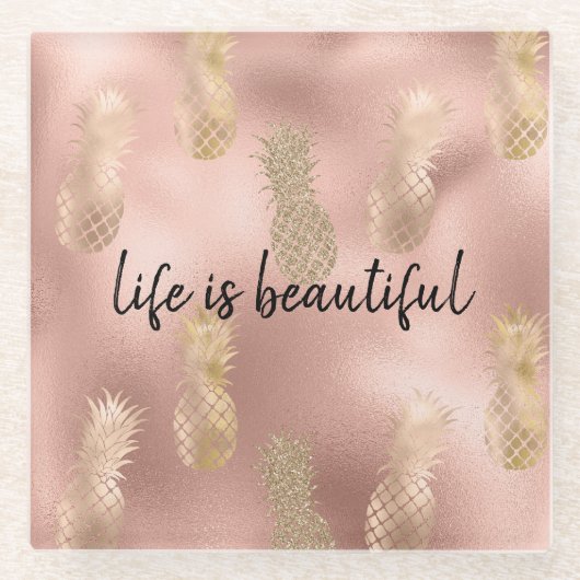 Glam Pink Gold Pineappels Glazen Onderzetter (Voorkant)