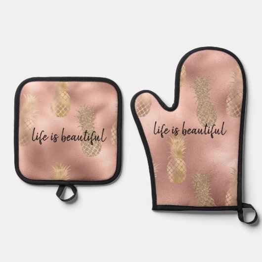 Glam Pink Gold Pineappels Ovenwant & Pannenlap Set (Voorkant)