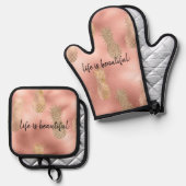 Glam Pink Gold Pineappels Ovenwant & Pannenlap Set (Voorkant / Achterkant)