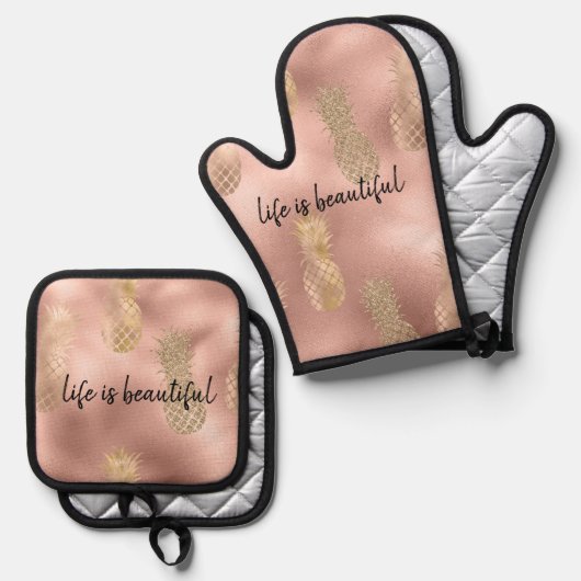 Glam Pink Gold Pineappels Ovenwant & Pannenlap Set (Voorkant / Achterkant)