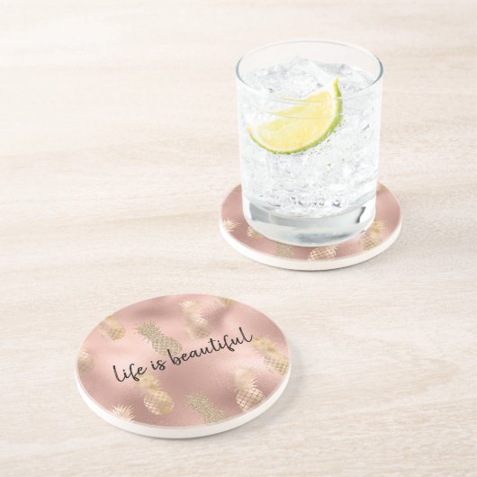 Glam Pink Gold Pineappels Zandsteen Onderzetter (Zijkant)