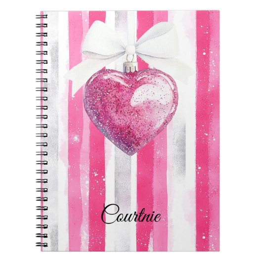 Glam Pink Heart Bow Stripes Notitieboek (Voorkant)