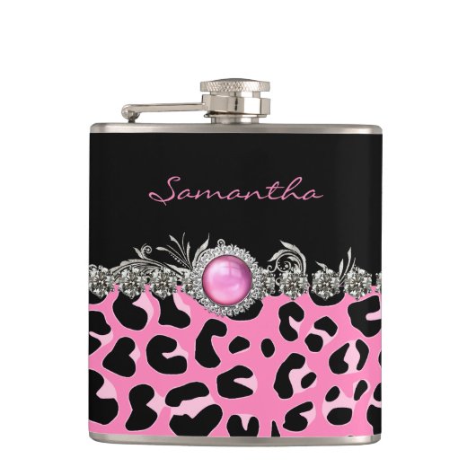 Glam Pink Jaguar Print Custom Flask Heupfles (Voorkant)
