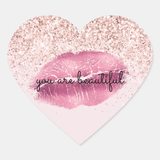 Glam Pink Kiss Lips Blush Glitter Hart Sticker (Voorkant)
