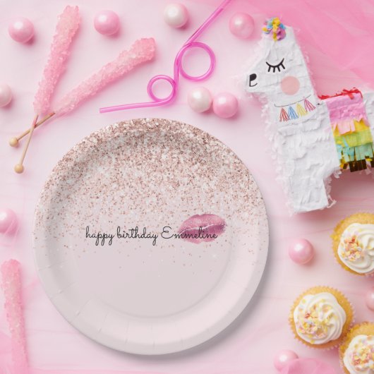 Glam Pink Kiss Lips Blush Glitter      Papieren Bordje (Feest)