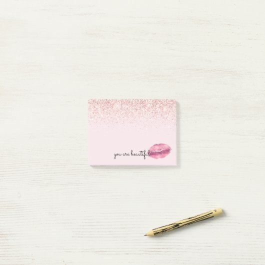Glam Pink Kiss Lips Blush Glitter Post-it® Notes (Op bureau)