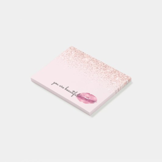 Glam Pink Kiss Lips Blush Glitter Post-it® Notes (Schuin)