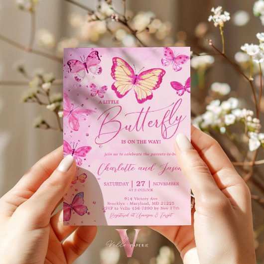 Glam Pink Little Butterfly Baby shower Uitnodiging