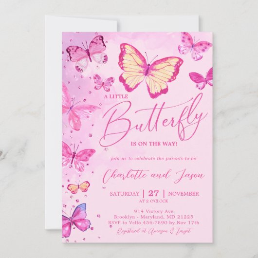 Glam Pink Little Butterfly Baby shower Uitnodiging (Voorkant)