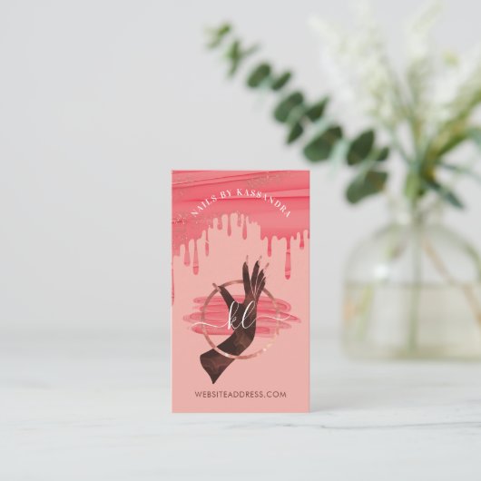 Glam Pink Nail Art Manicure Salon Script Monogram Visitekaartje (Staand voorkant)