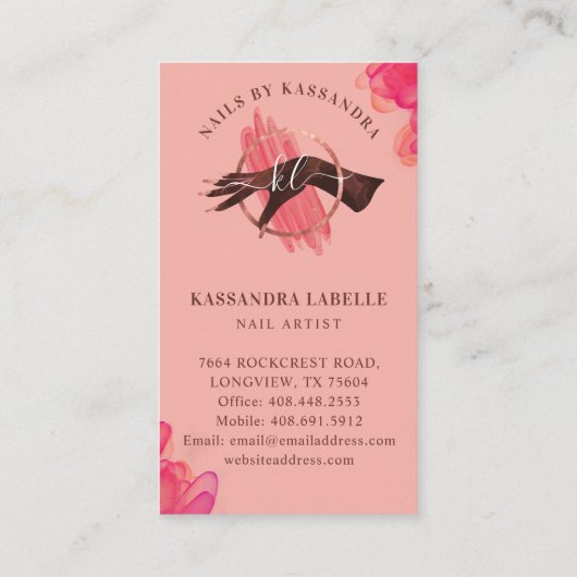 Glam Pink Nail Art Manicure Salon Script Monogram Visitekaartje (Achterkant)