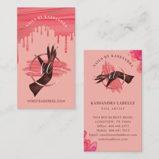 Glam Pink Nail Art Manicure Salon Script Monogram Visitekaartje (Voorkant / Achterkant)