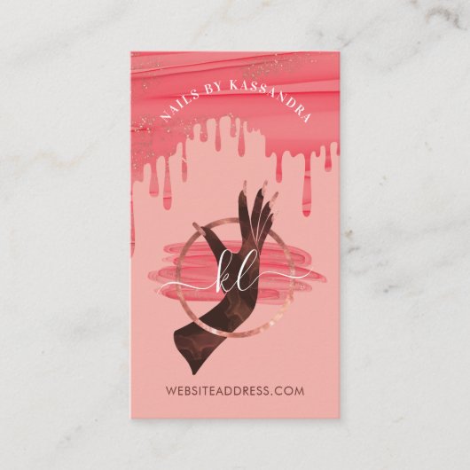 Glam Pink Nail Art Manicure Salon Script Monogram Visitekaartje (Voorkant)
