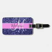 Glam Pink Navy Blue Glitter Sparkles Naam Monogram Bagagelabel (Voorkant horizontaal)