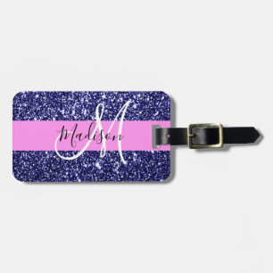 Glam Pink Navy Blue Glitter Sparkles Naam Monogram Bagagelabel