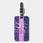 Glam Pink Navy Blue Glitter Sparkles Naam Monogram Bagagelabel (Voorkant verticaal)