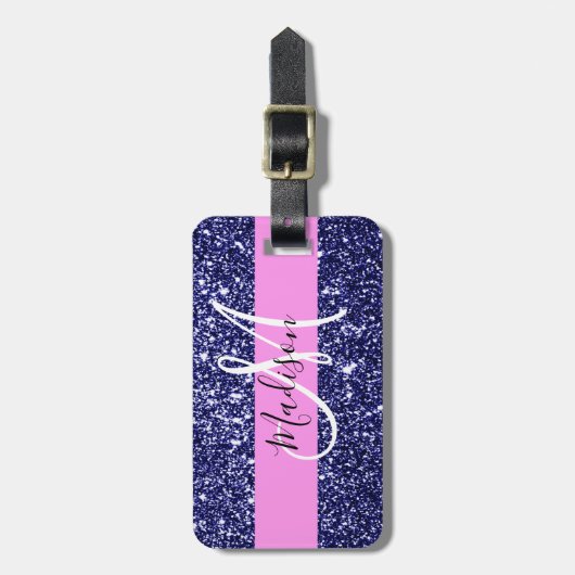 Glam Pink Navy Blue Glitter Sparkles Naam Monogram Bagagelabel (Voorkant verticaal)