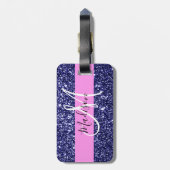 Glam Pink Navy Blue Glitter Sparkles Naam Monogram Bagagelabel (Achterkant verticaal)