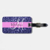 Glam Pink Navy Blue Glitter Sparkles Naam Monogram Bagagelabel (Achterkant horizontaal)