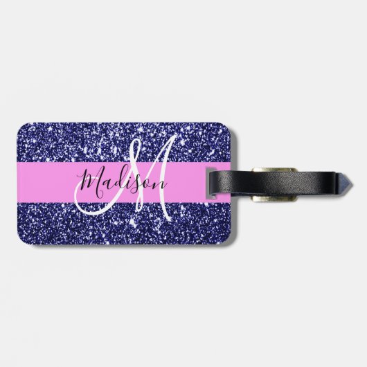 Glam Pink Navy Blue Glitter Sparkles Naam Monogram Bagagelabel (Achterkant horizontaal)
