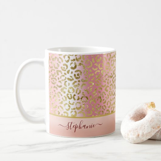 Glam Pink Ombre Gold Leopard Pattern - Gepersonali Koffiemok (Met donut)